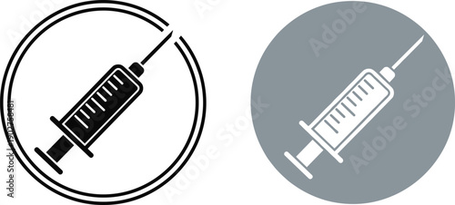 Black and white syringe in circle and gray background medical injection vaccine medicine