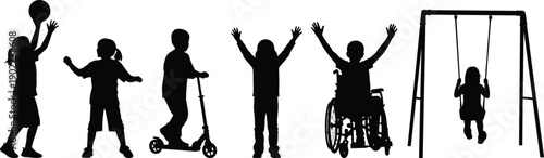 Black silhouettes of children playing basketball riding scooter and swinging on playground equipment