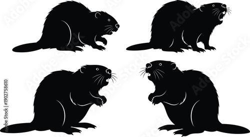 Black silhouettes of beavers in various poses white background rodents