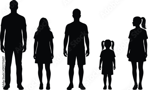 Black silhouettes of family members standing together people white background