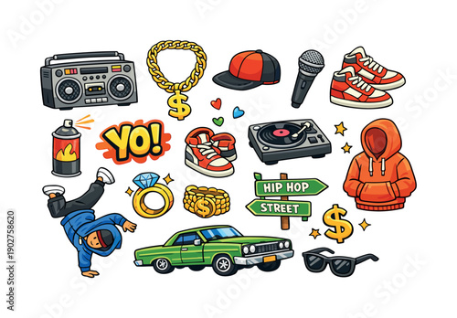 Colorful Hip Hop Icon Set. Featuring boombox, chain, cap, microphone, sneakers, spray can, breakdancer, car