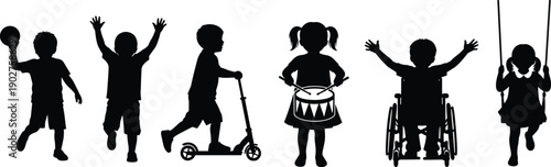 Black silhouettes of children playing sports and riding scooter kids white background