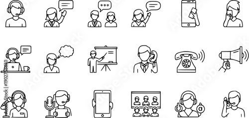 Customer Service, Communication, and Support Line Icons Set. Outline symbols for contact center, presentation, business interaction, and technology devices.