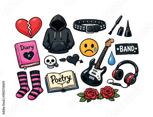 Emo Culture Flat Icon Set. Heartbreak, Hoodie, Guitar, Diary, Skull, Eyeliner, Headphones