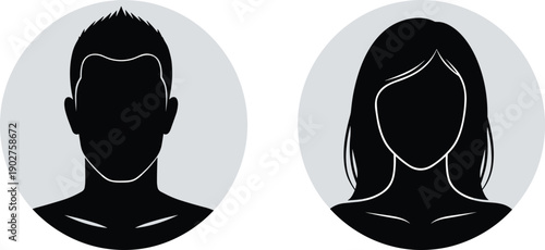 Black silhouettes of man and woman heads with short and long hair gray