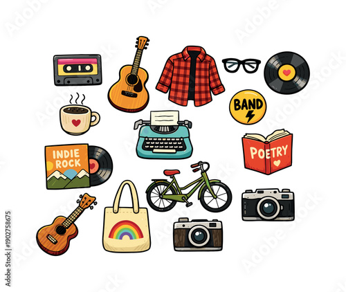 Retro Hipster Icons Set. Featuring cassette, guitar, shirt, glasses, vinyl, coffee, typewriter, and bicycle