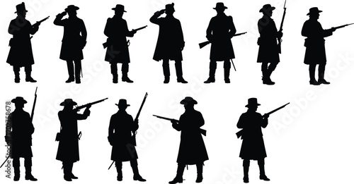 Black silhouettes of men in hats and coats holding guns