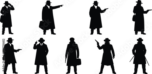 Black silhouettes of men in hats and coats holding guns or briefcases