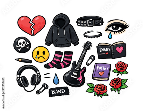 Eccentric Emo Icon Set. Featuring heart, hoodie, guitar, diary, poetry, skull, and headphone symbols
