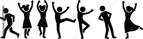Black silhouettes of people dancing and celebrating on white background