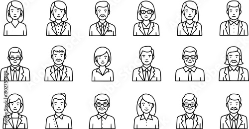 Business people avatar icons set. Professional men and women profile pictures in simple outline style. Corporate user team characters collection for UIUX design.