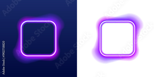 Square neon frame glows in gradient purple and pink. Perfect for banners, posters, or video overlays. Vector illustration with luminous borders.
