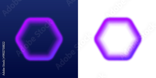 Hexagon neon shape shines in purple gradients. Ideal for digital banners, posters, or UI designs. Vector illustration isolated on black. PNG