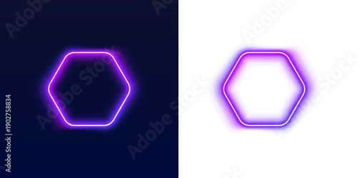 Glowing hexagon in purple shades floats on dark background. Perfect for UI, banners, or digital posters. Vector neon illustration. PNG