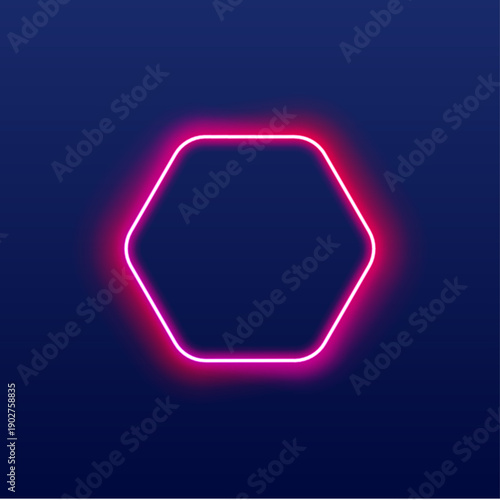 Magenta neon hexagon frame glows softly on a dark background. Perfect for digital art or banner design. Vector illustration with luminous highlights.