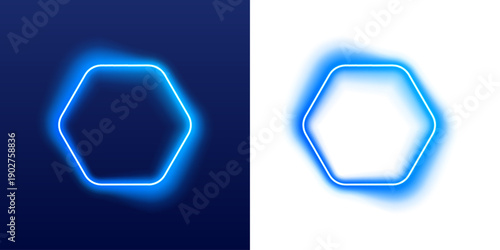 Hexagon neon shape glows in gradient blue and cyan. Ideal for futuristic digital art or poster designs. Vector illustration isolated on dark background.