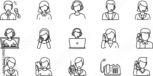 Outline Icons Set of Communication, Customer Service, and Technical Support. Includes Call Center Agents, Telephony Symbols, Broadcasters, and Help Desk Avatars.