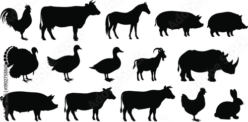Black silhouettes of various farm and wild animals on white background animal silhouettes farm animals
