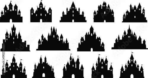 Black silhouettes of various medieval castles with towers and flags on white background