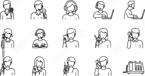 Communication, Contact, and Customer Service Icons Set - Outline People with Phones, Headsets, Laptops, and Microphones for Support and Networking