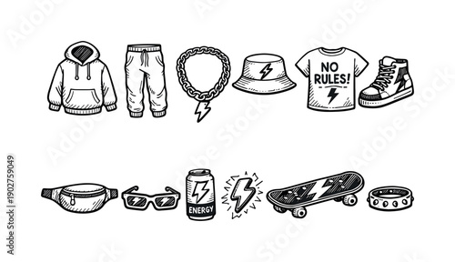 Urban Street Style Linear Icon Set. Featuring hoodie, sweatpants, chain, bucket hat, tee, sneakers, and skateboard