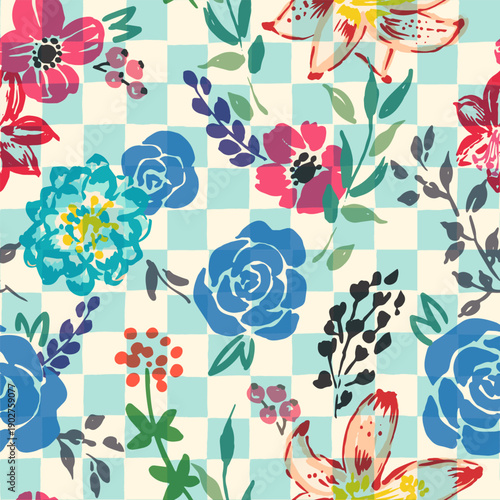 Seamless vector repeat pattern with bouquets of hot pink anemone, blue roses, lilies and branches on cream and turquoise checker. Hand drawn floral surface pattern for women's apparel, swim, Easter, M