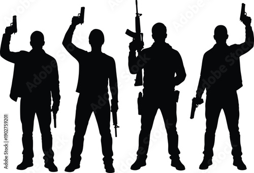 Four men in black silhouette holding guns silhouettes handguns rifles