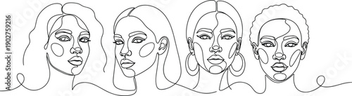 Line portraits of four women with different hairstyles and facial line continuous line one line minimalist portraits