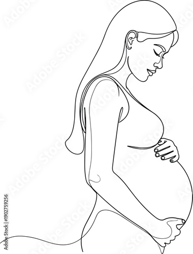 Pregnant woman touching belly in profile view line black and white