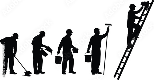 Silhouettes of five construction workers painting with tools black