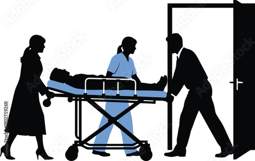 Silhouette of people moving patient on stretcher through doorway hospital medical