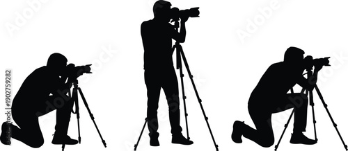 Silhouettes of photographers with cameras on tripods in different positions black
