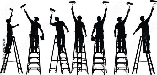 Silhouettes of painters on ladders with rollers paint rollers construction