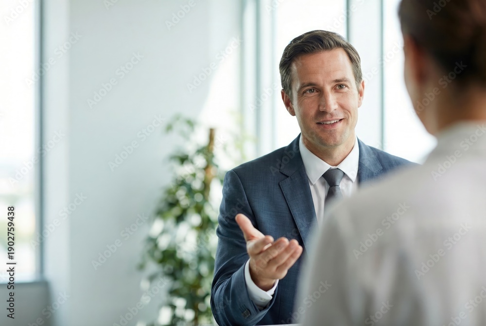 Fototapeta premium A friendly male financial advisor in a suit gesturing as he explains investment options to a client in a bright office.