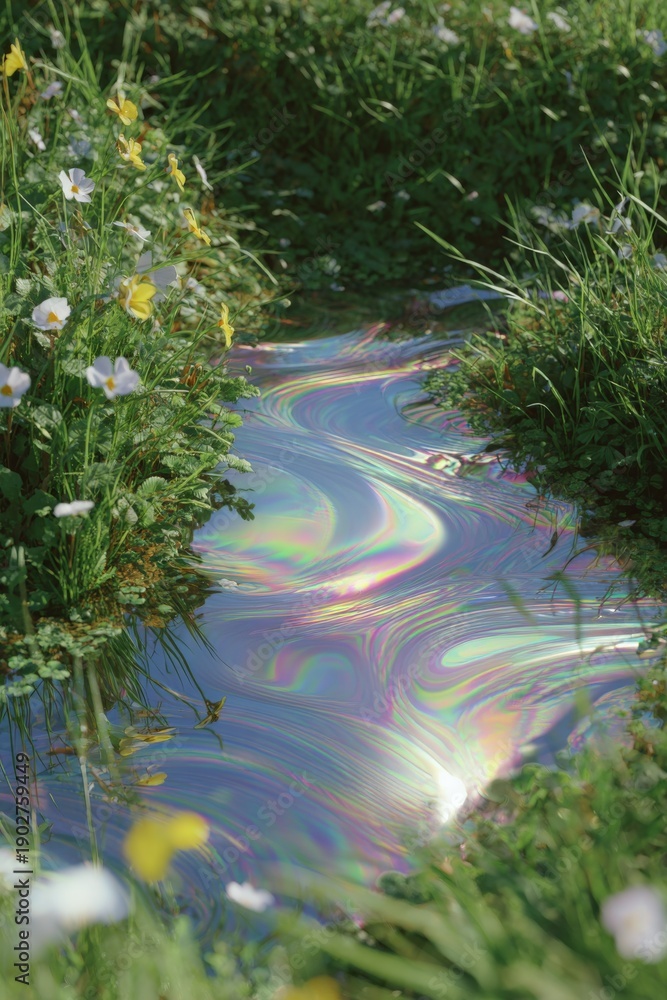 Naklejka premium Colorful oil slick reflection in garden stream surrounded by wildflowers