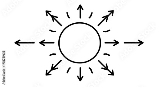 Central point with radiating arrows and lines, symbolizing expansion, growth, influence, spread, and dispersion icon
