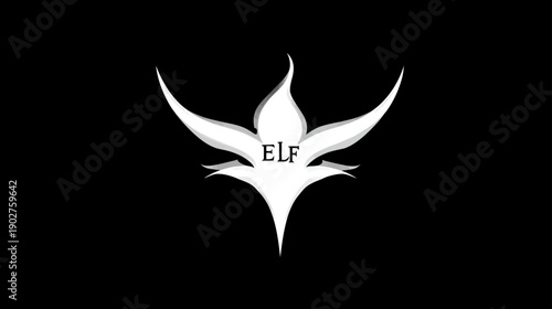 Mystical white fantasy elf symbol on black background, abstract elegant graphic element for magic, gaming, and spiritual themes.
