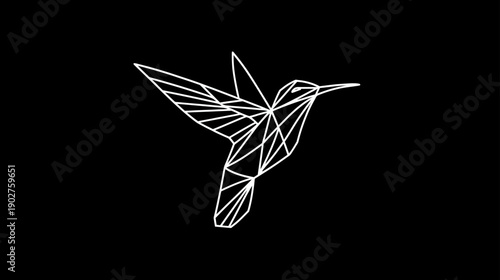 Elegant geometric white hummingbird outline on black background. Abstract polygonal bird vector graphic, minimalist design.