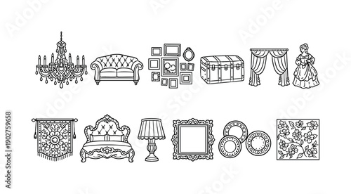 Vintage Decor Linear Icon Set. Including chandelier, sofa, frames, trunk, curtains, statue, and more