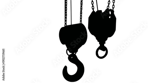 Black silhouette of heavy-duty industrial crane hooks, pulleys, and chains, isolated on a white background, representing lifting equipment.