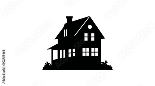 Classic House Silhouette Icon - Black Vector Outline of a Traditional Family Home with Porch and Chimney