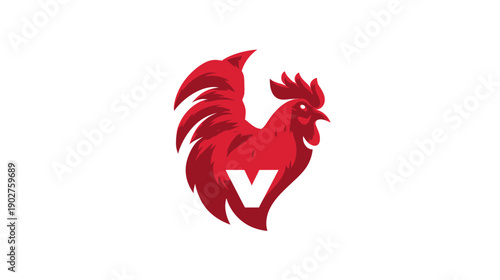 Stylized Red Rooster Vector Illustration with V Letter Mark - Dynamic Farm Animal Mascot Design Concept