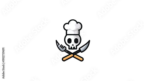 Cartoon skull wearing a chef hat with crossed fork and knife, symbolizing a dangerous cook, pirate chef, or food safety warning.