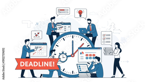 Business Professionals Working Around Large Clock Deadline.