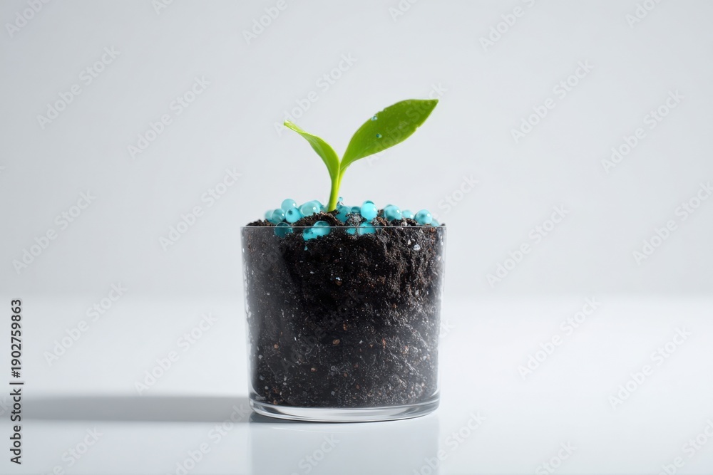 Fototapeta premium Young plant in glass with soil and blue fertilizer beads