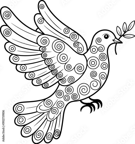 Intricate stylized dove in flight holding olive branch symbolizing peace hope and harmony through decorative line art illustration for spiritual posters branding and design projects