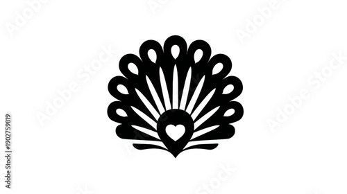 Elegant stylized black peacock feather fan icon with a heart. Abstract decorative graphic element on white.