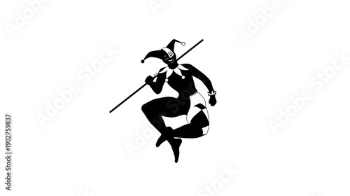 Dynamic Black Jester Silhouette Illustration with Staff on White. Medieval Court Entertainer, Harlequin, or Joker Figure
