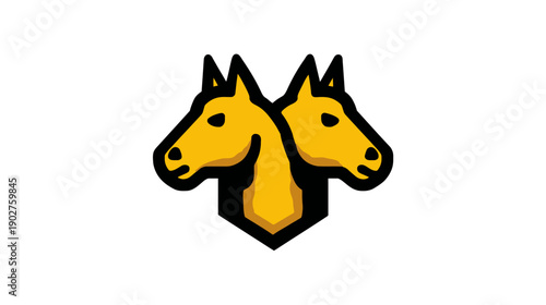 Stylized yellow conjoined twin horse heads icon. Abstract graphic design with two horses facing opposite directions.