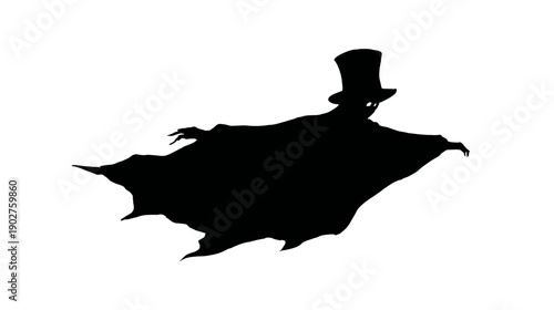 Flying mysterious figure silhouette with top hat and flowing cape, dark phantom character for Halloween or gothic design